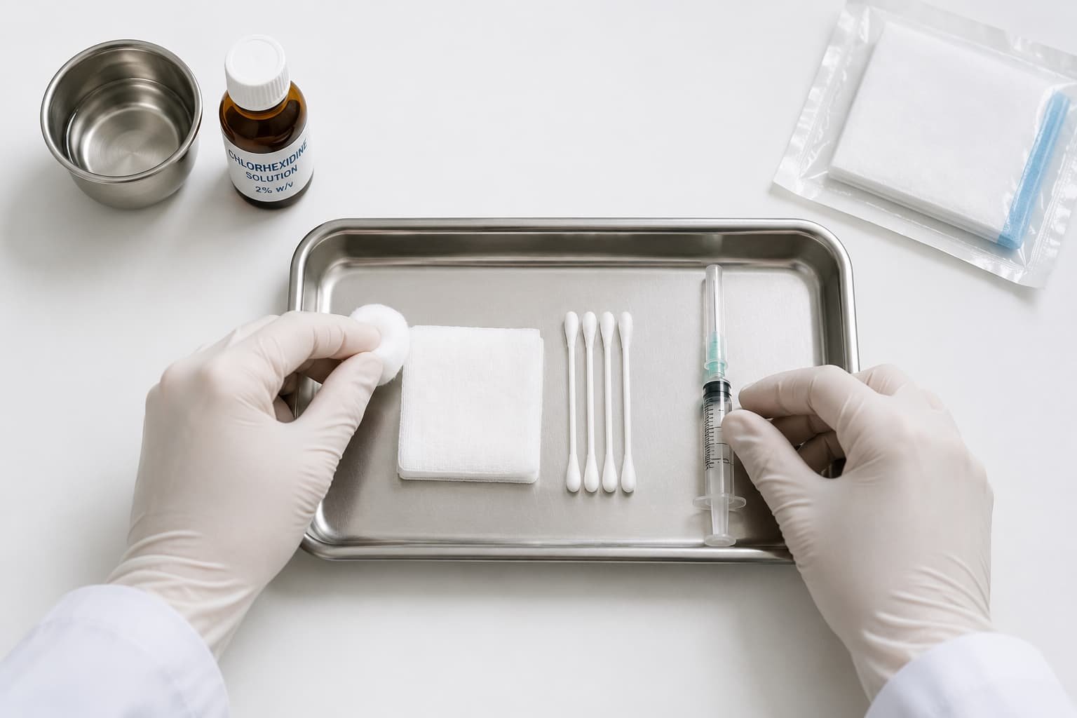 Sterile injection preparation tray used during a clinically administered PRP procedure