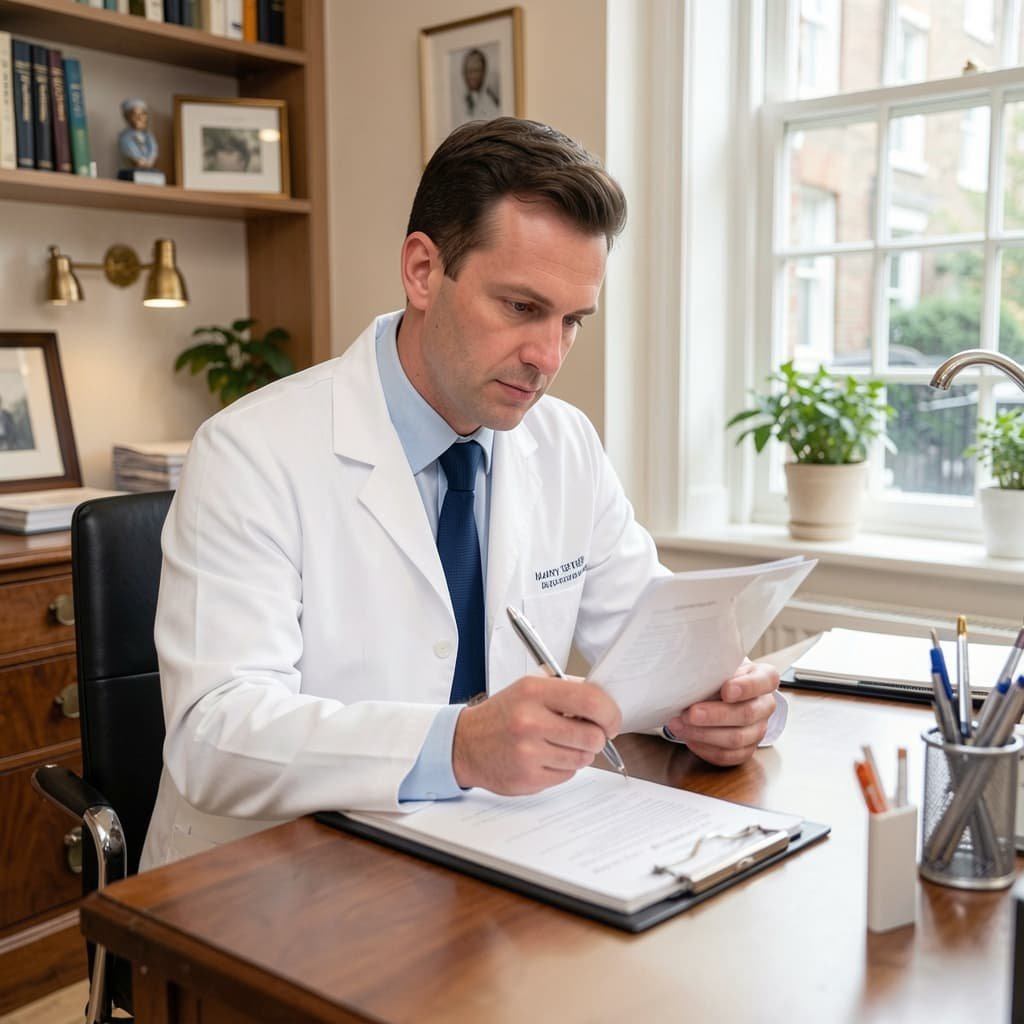 Harley Street clinician reviewing treatment planning notes