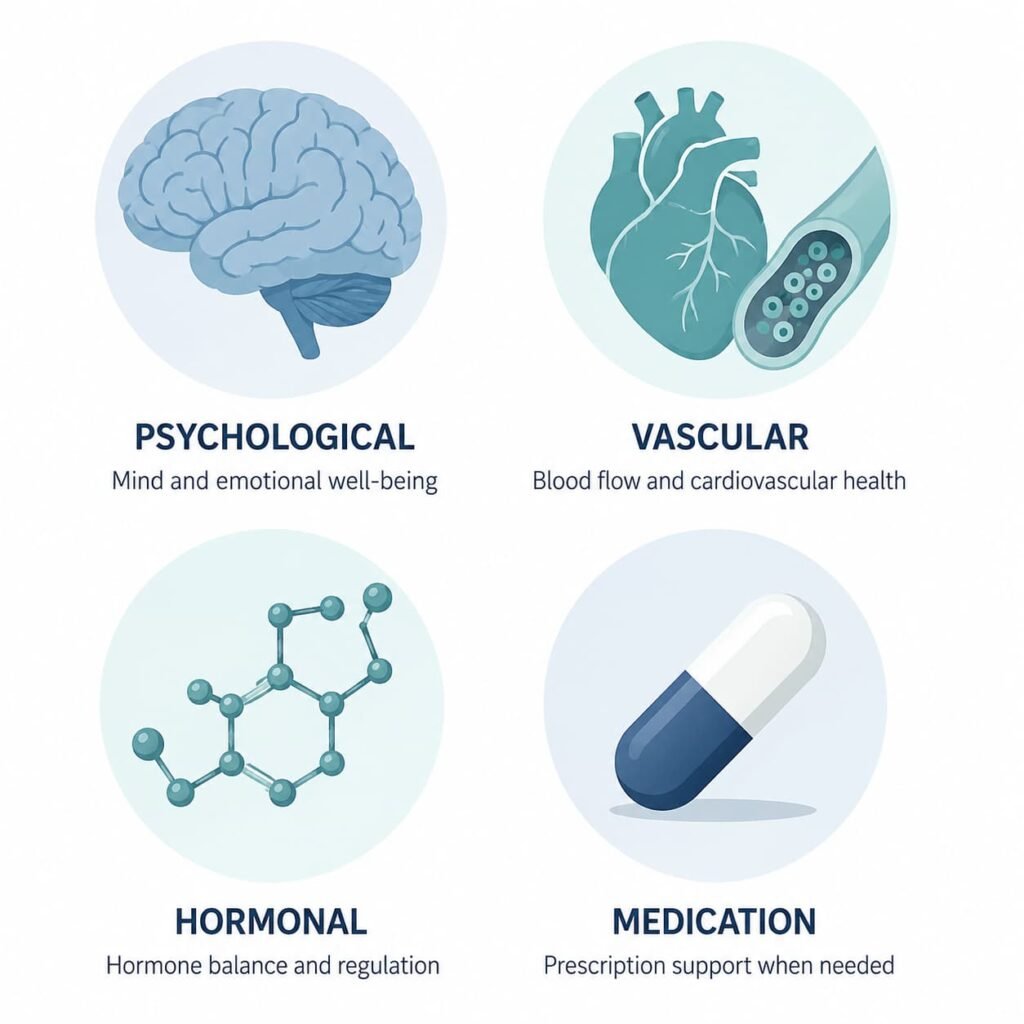 Infographic showing psychological, vascular, hormonal, and medication-related causes of erectile dysfunction under 40