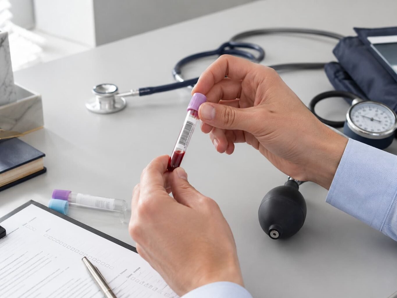 Clinician preparing blood tests to diagnose erectile dysfunction under 40 in a private London clinic