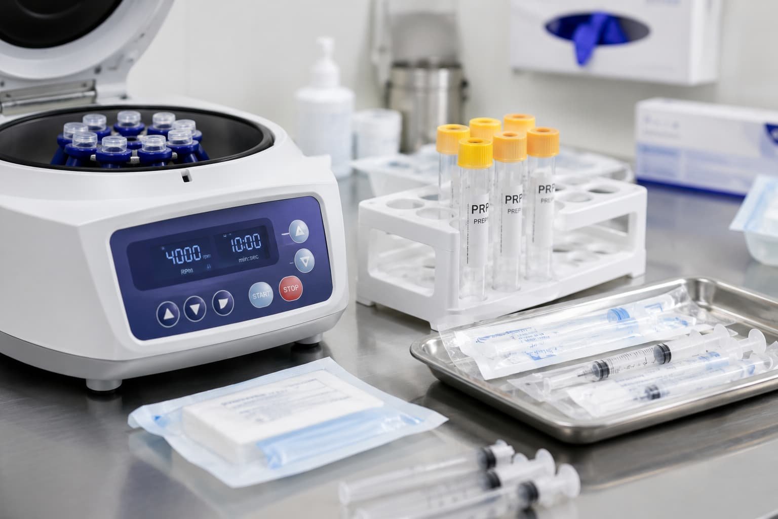Sterile PRP preparation equipment used during a P-shot procedure