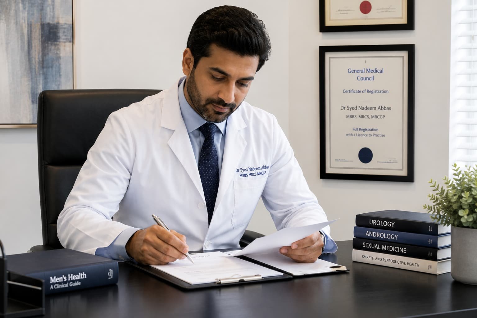 Doctor reviewing consent and safety documentation before a Priapus shot procedure