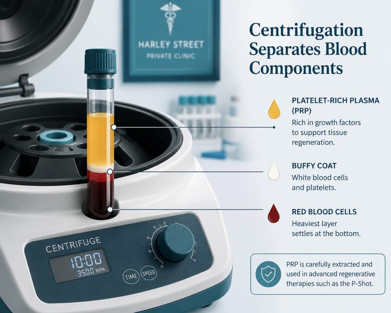 Centrifuge separating platelet-rich plasma for P-shot treatment