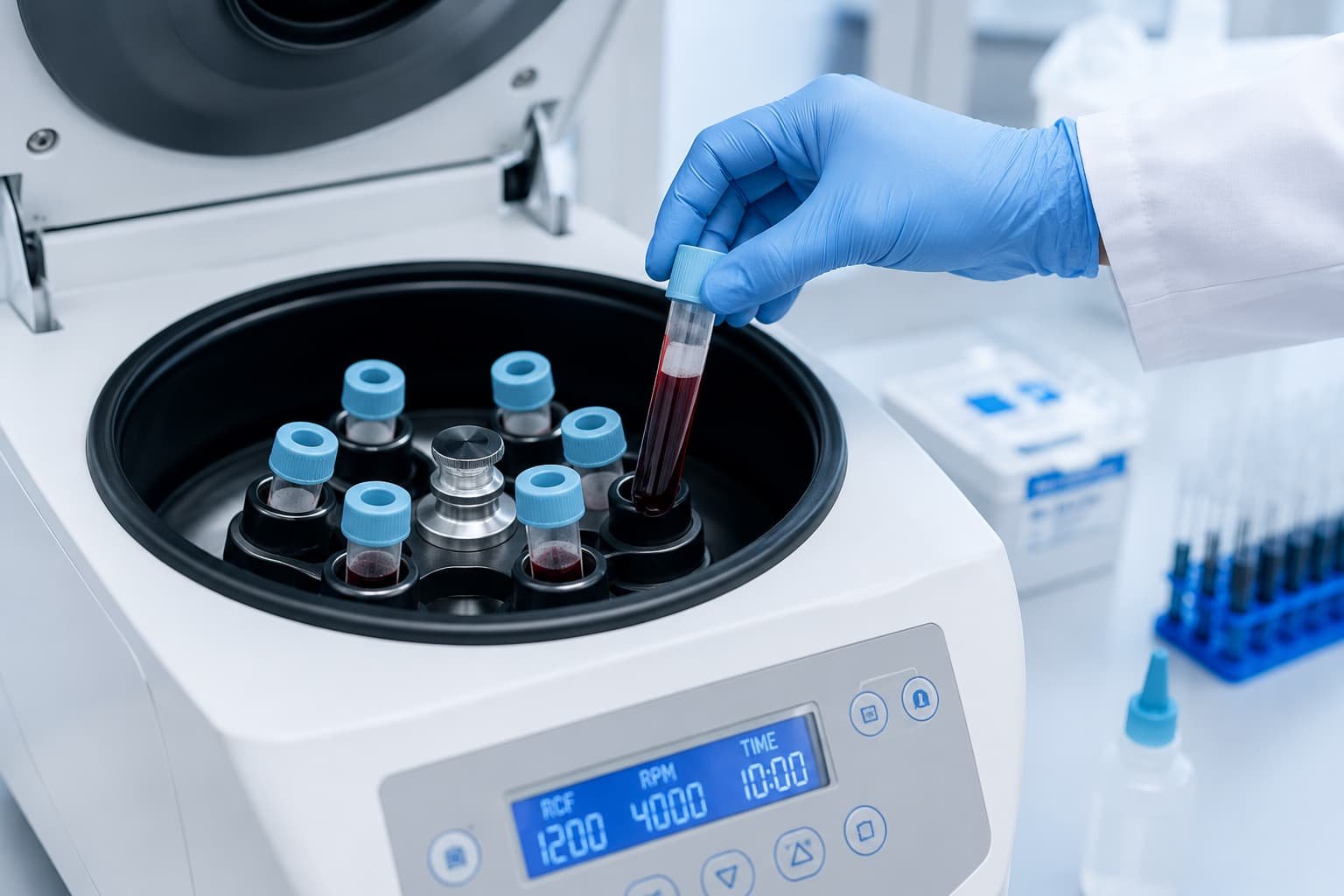 Centrifuge separating platelet-rich plasma from a blood sample for P-Shot treatment.