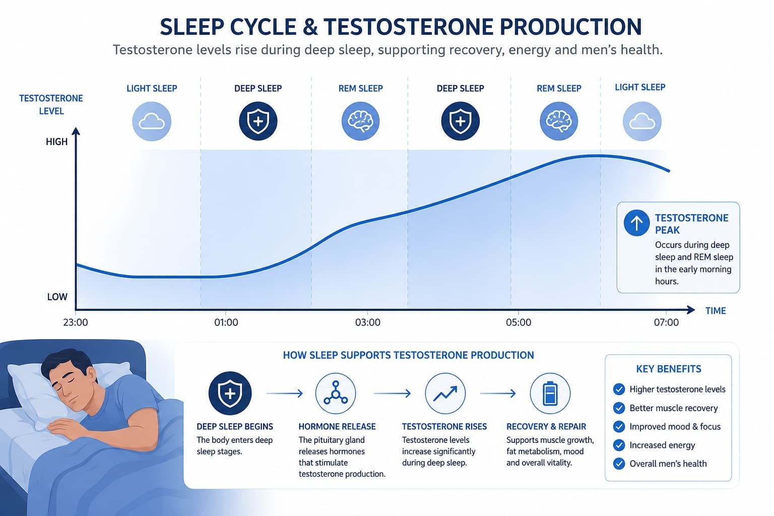 Diagram showing testosterone release during deep and REM sleep stages