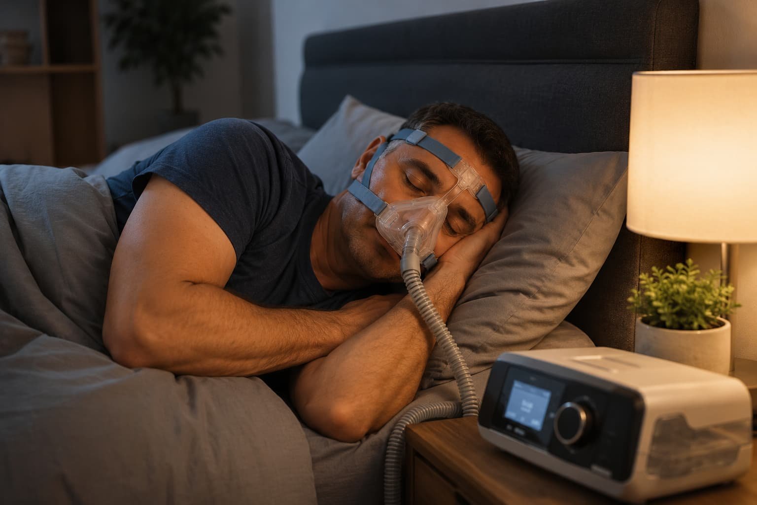 Man using CPAP therapy to treat obstructive sleep apnoea