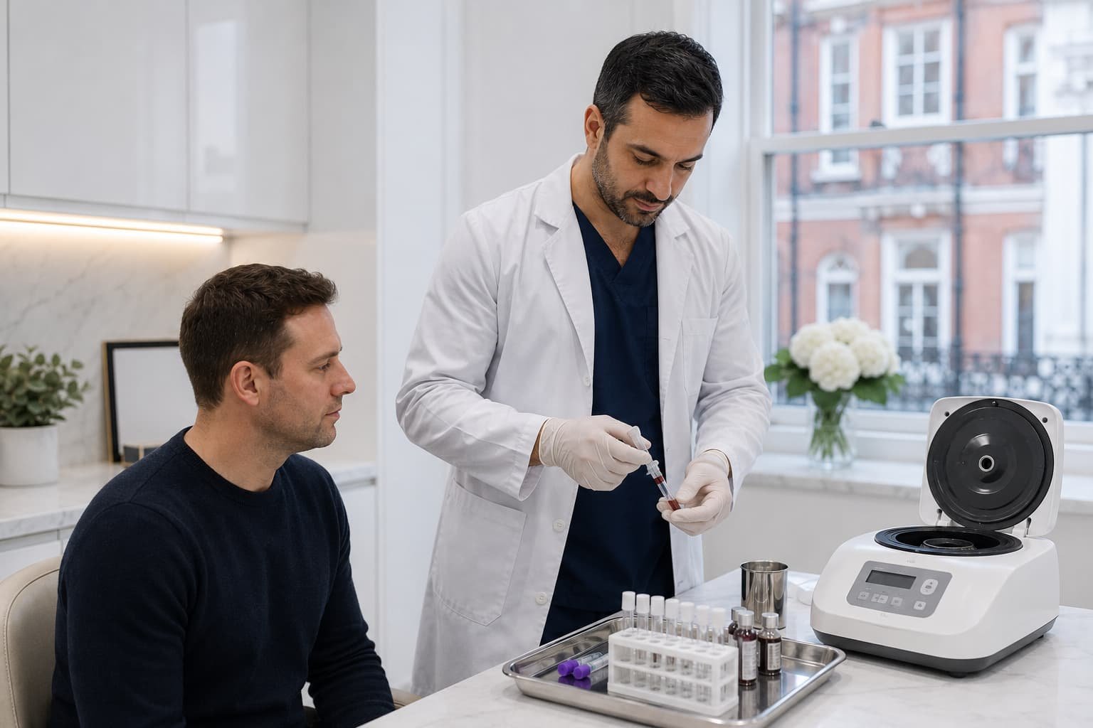 Doctor preparing PRP therapy equipment in a private clinic setting