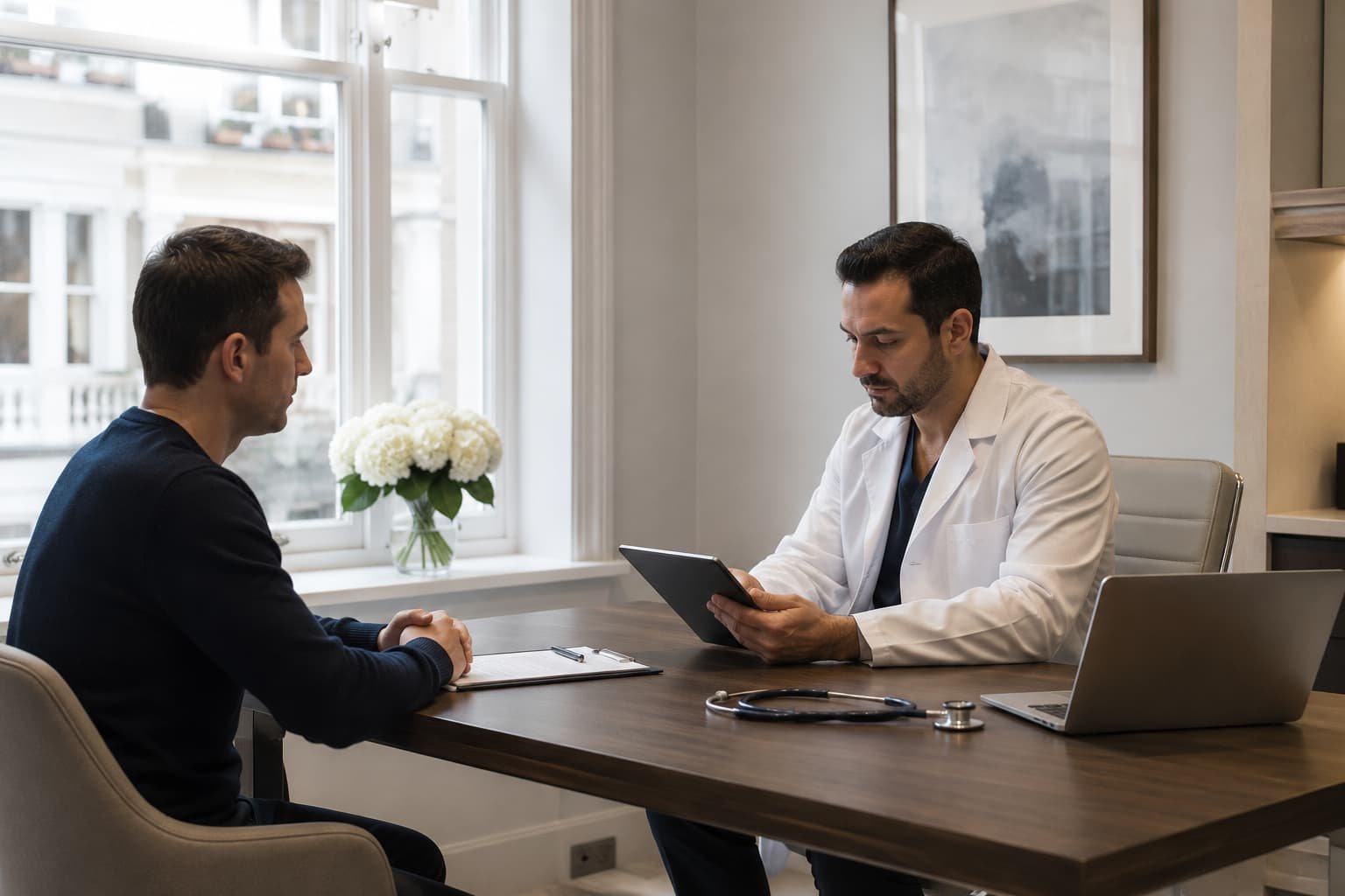 Male patient consulting a doctor about persistent erectile dysfunction symptoms