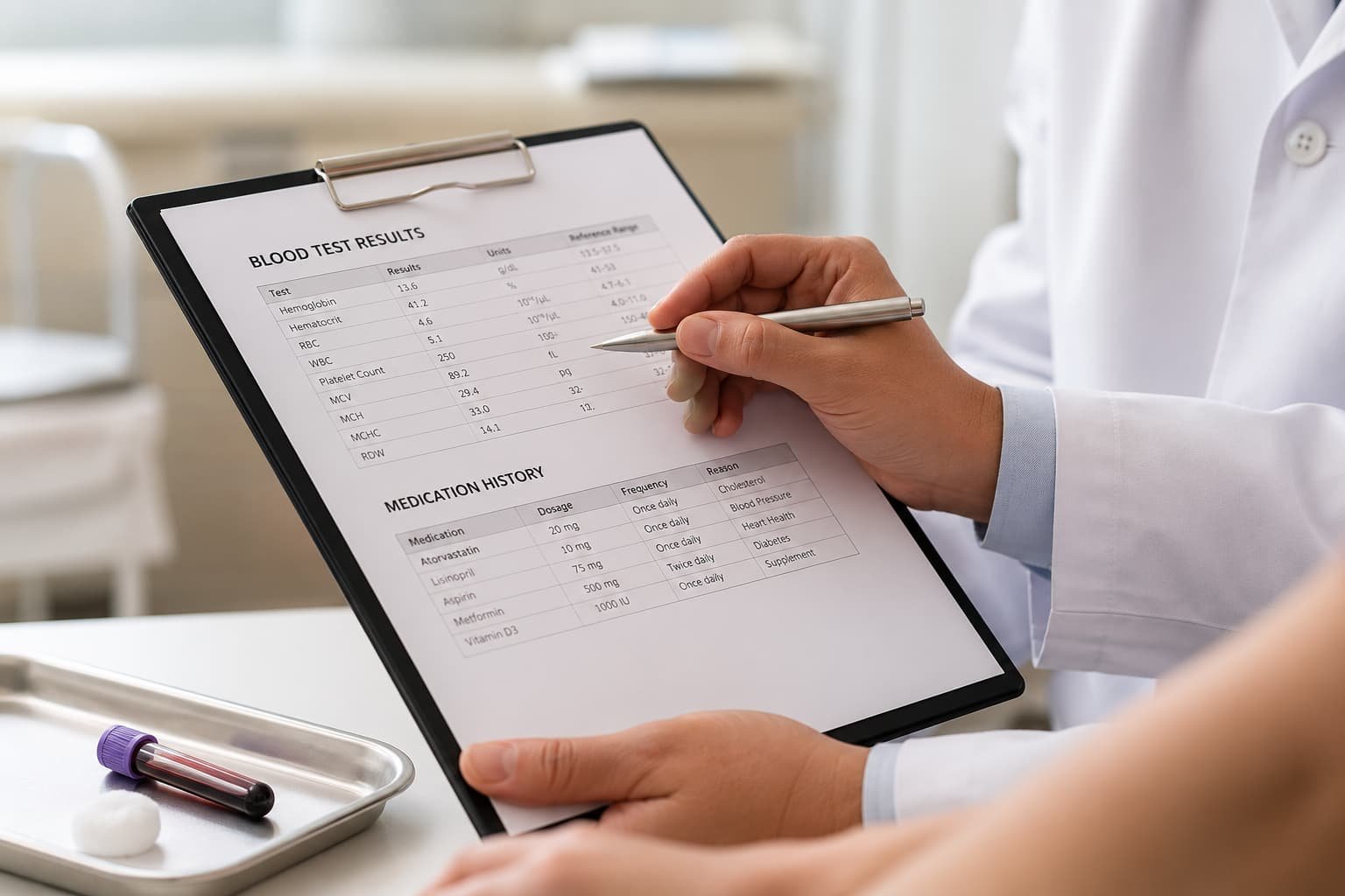 Clinician reviewing blood test results before priapus shot treatment for a patient on anticoagulants