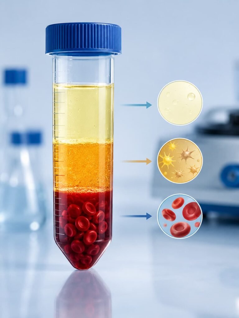 Diagram of a centrifuged blood sample showing separated platelet-rich plasma layer
