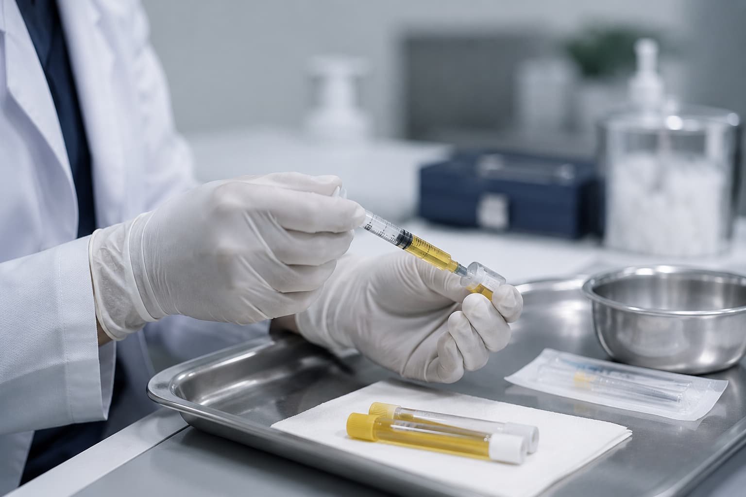 Clinician preparing PRP injection equipment with sterile technique