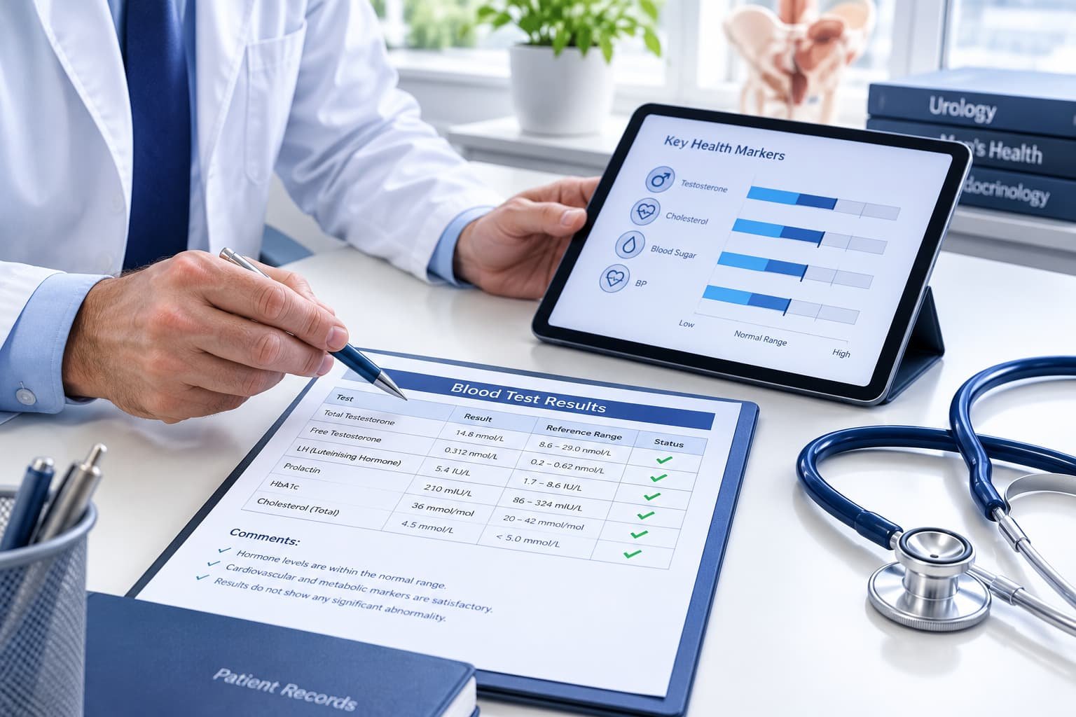 Clinician reviewing test results to assess causes of erectile dysfunction
