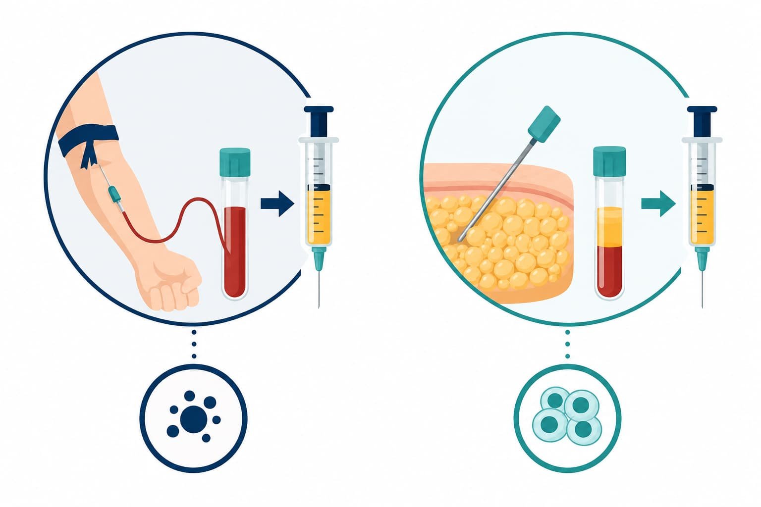 Icon comparison of P shot blood-draw process and stem cell tissue-extraction process
