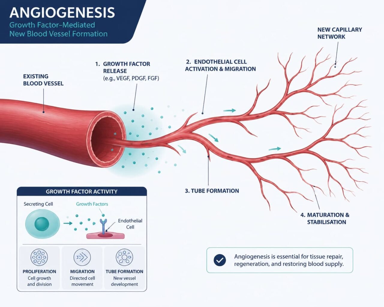 Diagram of angiogenesis showing new capillary growth from PRP therapy