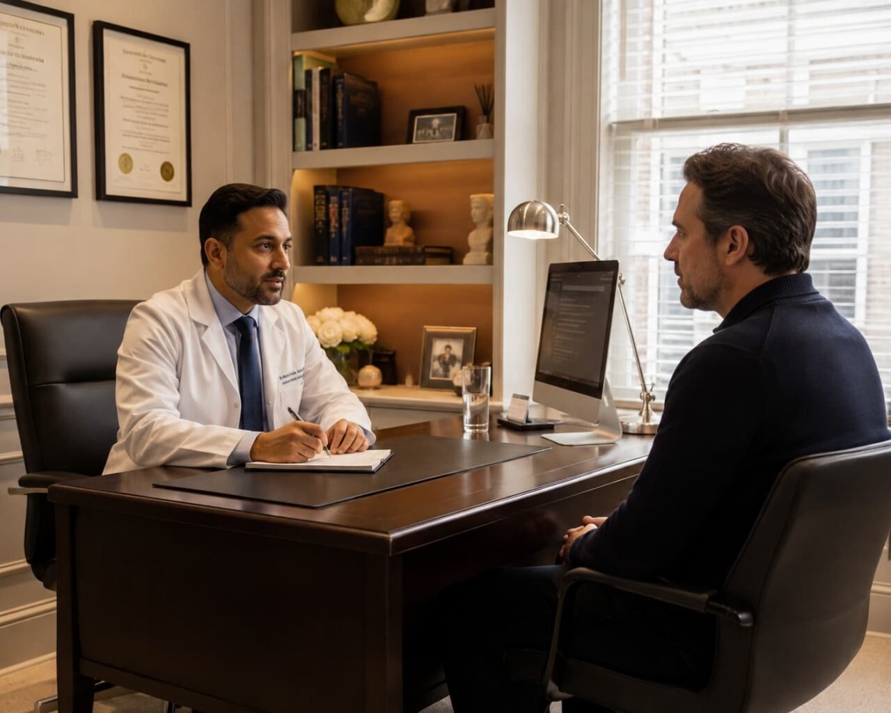 Doctor discussing P shot treatment procedure with a patient during consultation