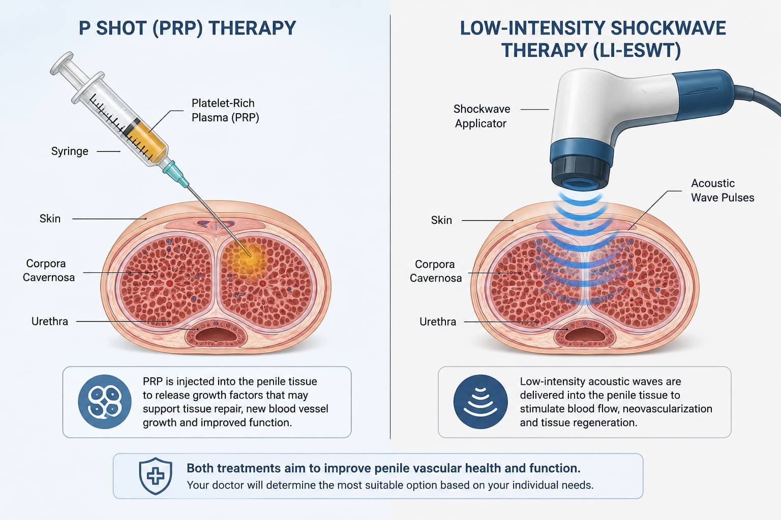 Diagram comparing PRP injection and shockwave acoustic stimulation mechanisms