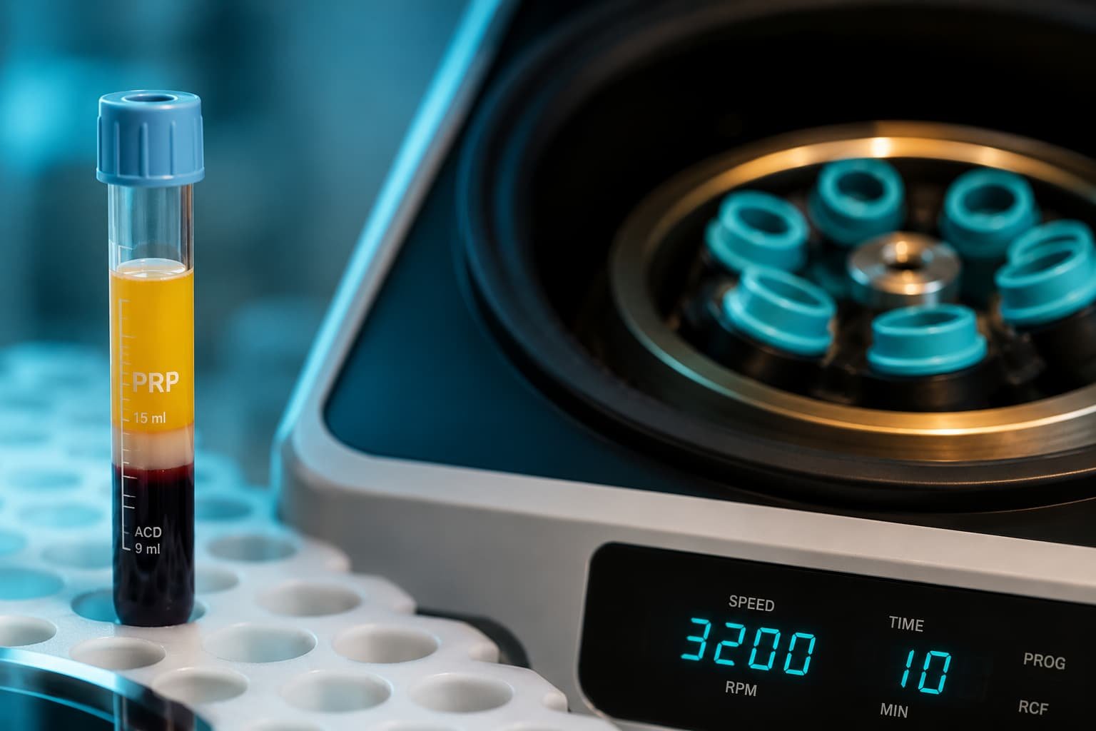 PRP centrifuge separating platelet-rich plasma for the P Shot procedure