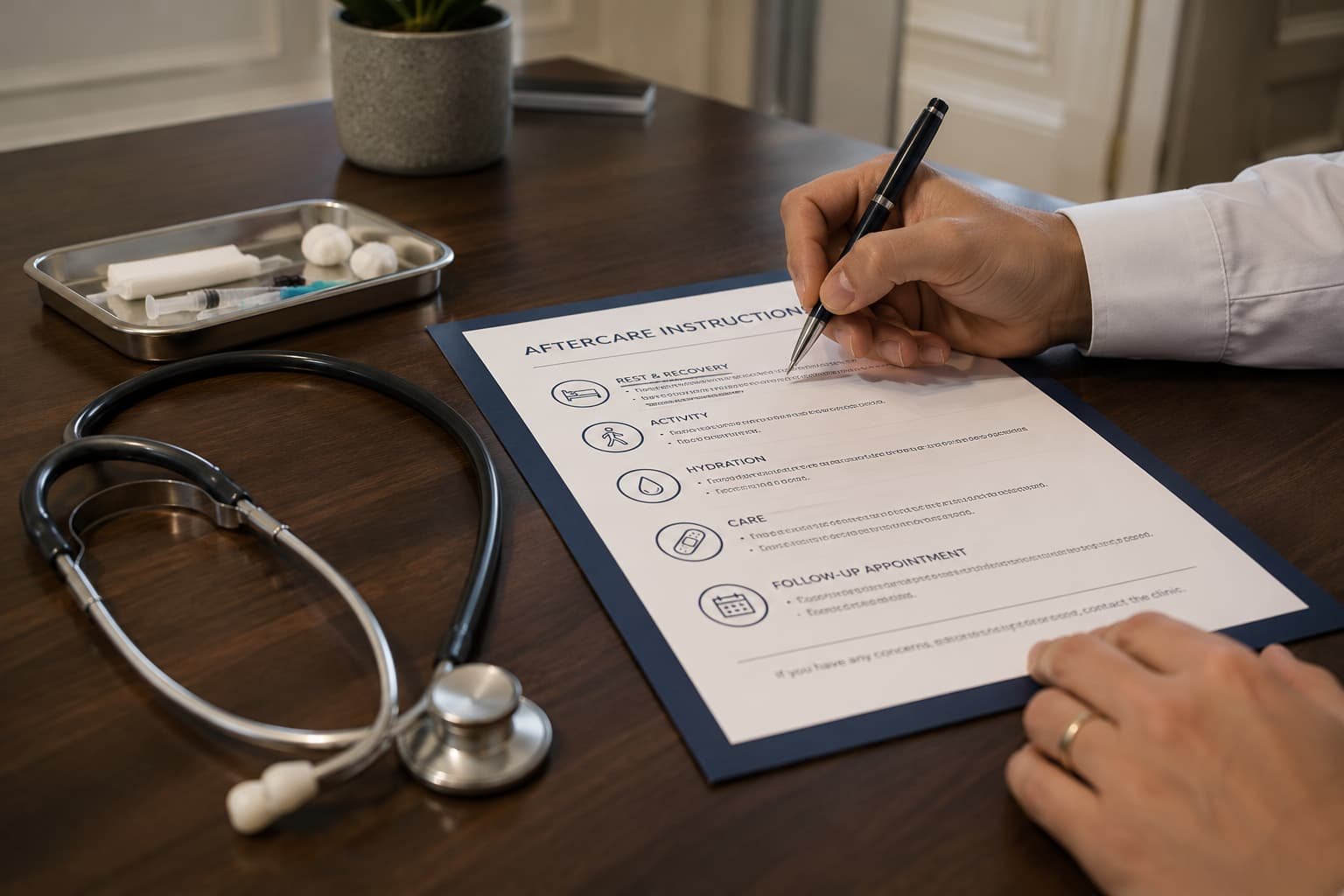 Clinician reviewing written P-Shot aftercare guidance with a patient in London"