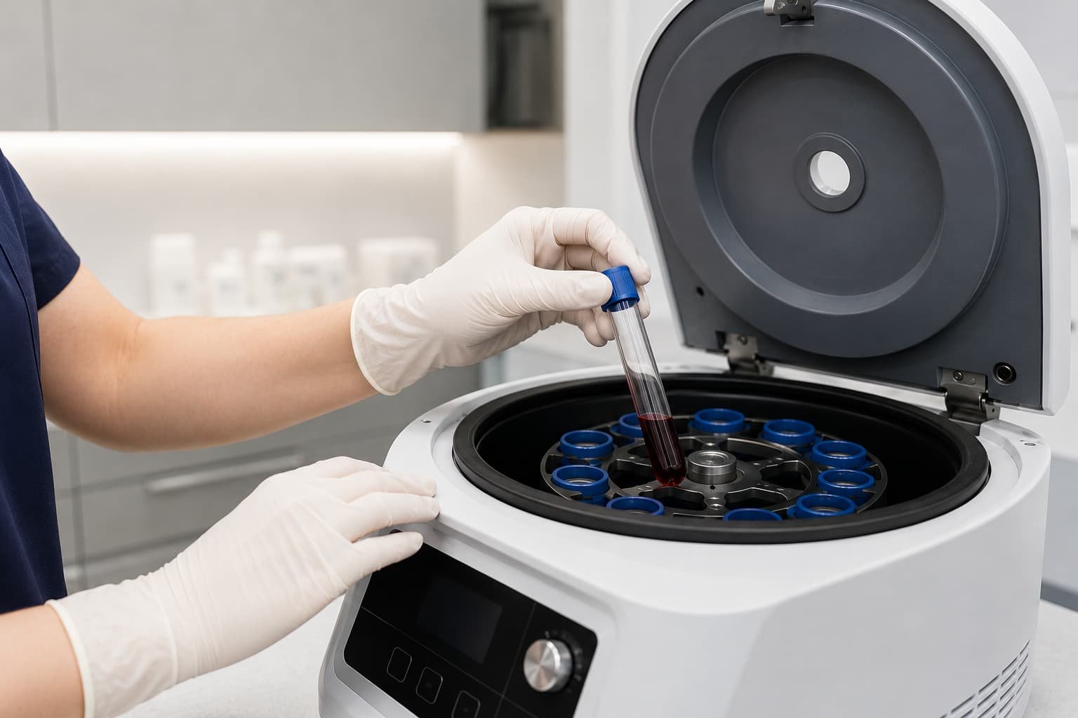Clinician loading blood sample into centrifuge during PRP preparation