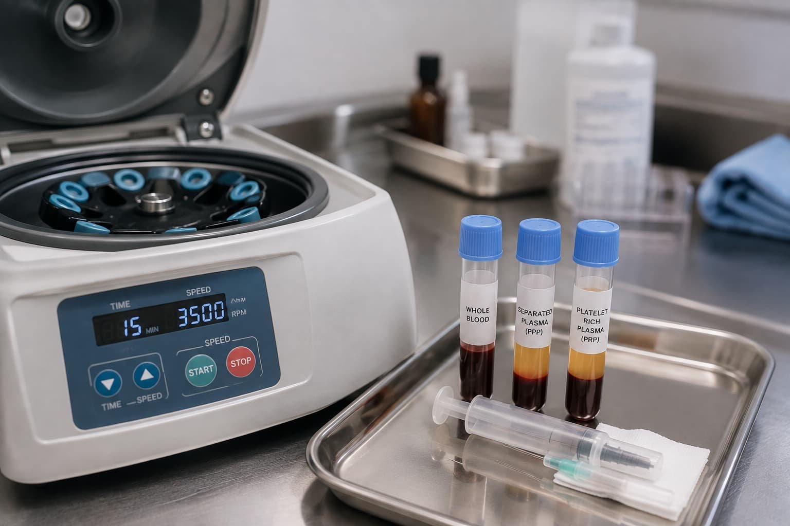 Centrifuge processing platelet-rich plasma for a P-shot procedure