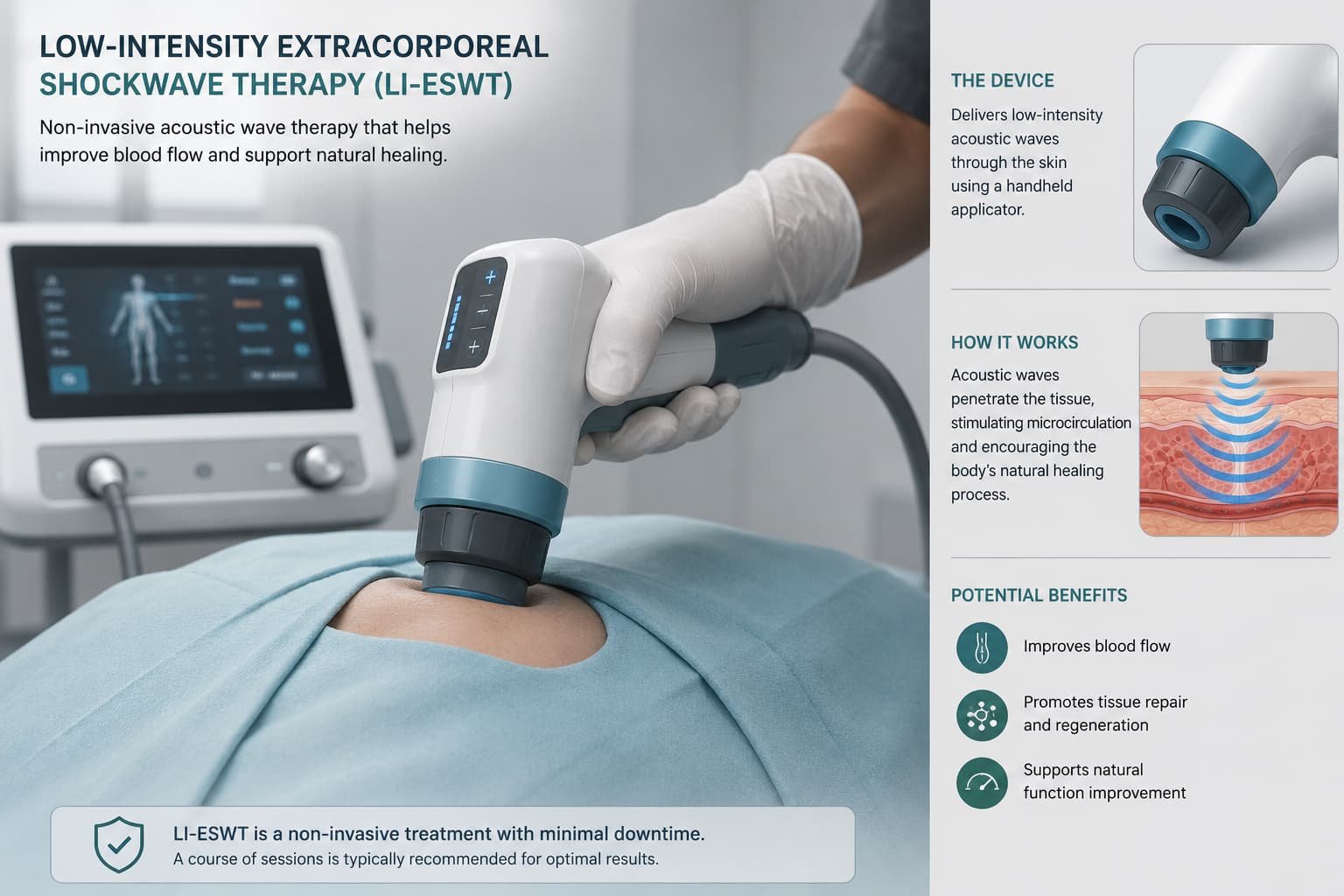 Handheld device used for low-intensity extracorporeal shockwave therapy