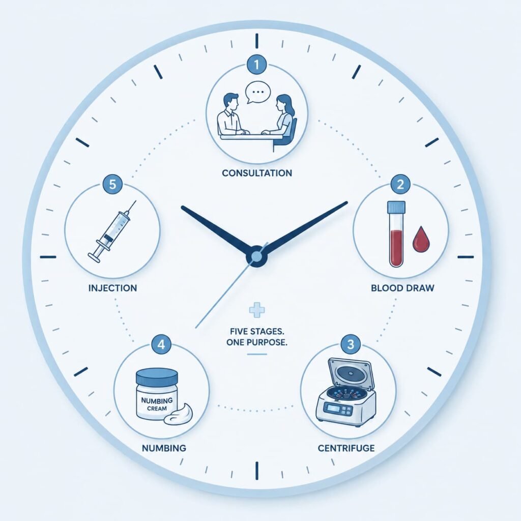 Timeline showing the stages of a typical P-shot appointment