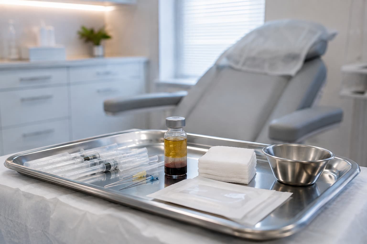Sterile treatment tray prepared for a P shot procedure in a London clinic