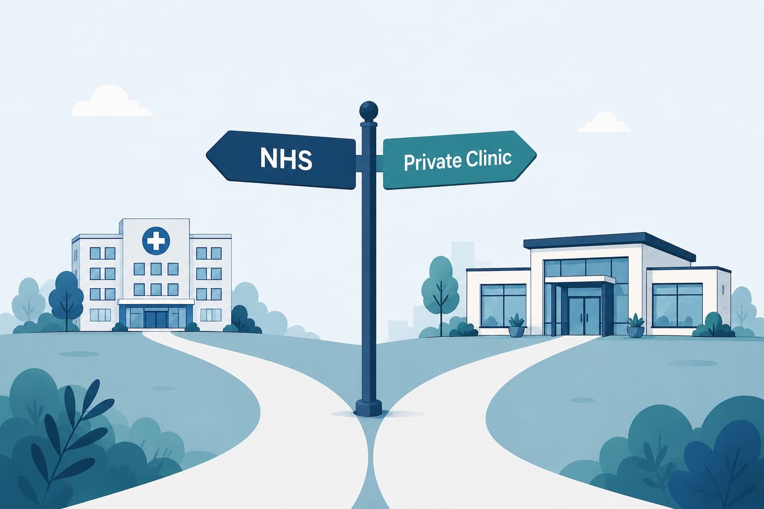 Diagram comparing NHS referral pathway and private clinic access route in the UK