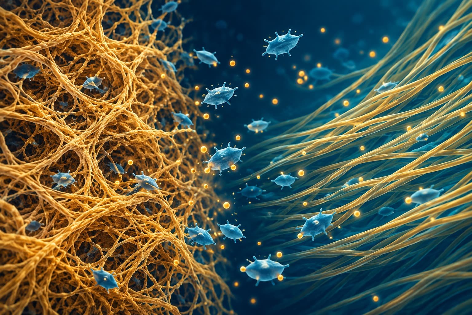 Illustration of PRP tissue repair with platelets near collagen fibres in scar tissue