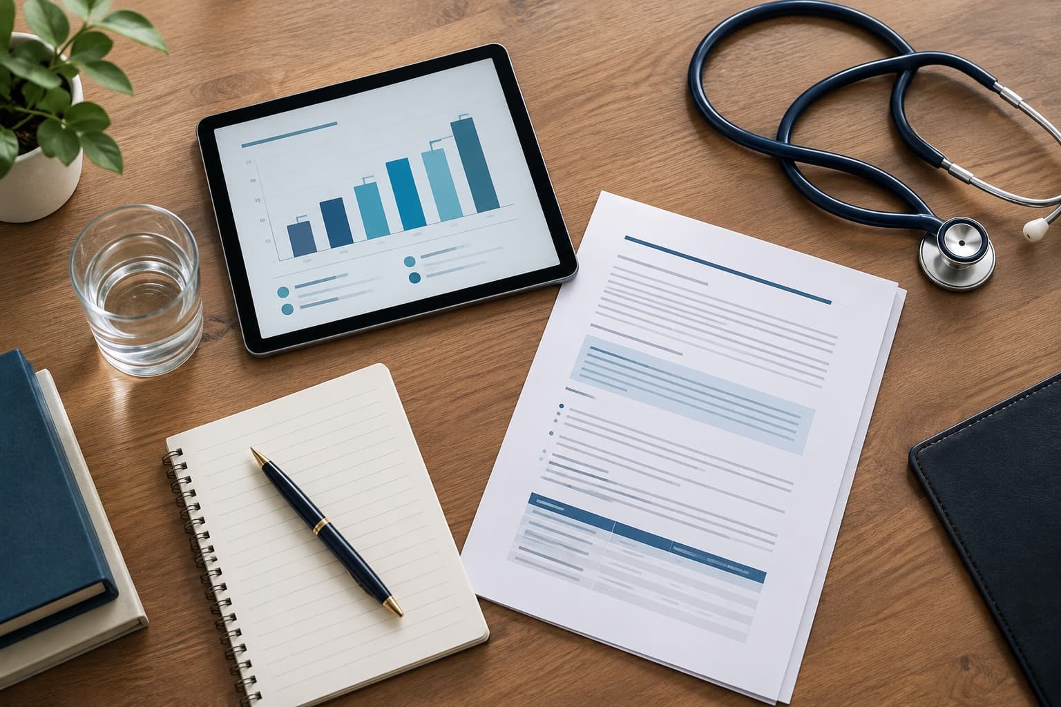 Consultation desk with notes and a tablet chart for penile curvature treatment review