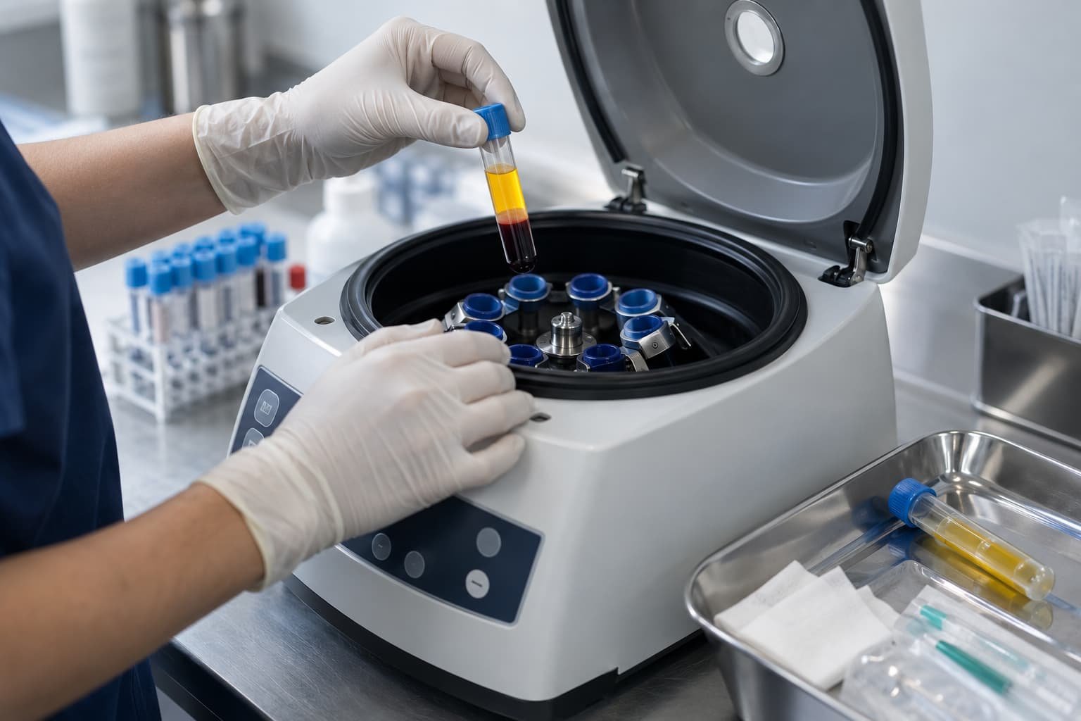 Practitioner preparing platelet-rich plasma for a P-Shot treatment procedure