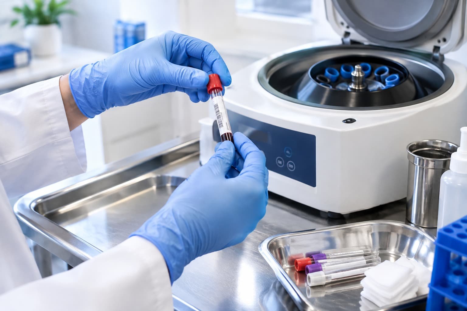 Blood sample and centrifuge used to prepare platelet-rich plasma for P-Shot treatment