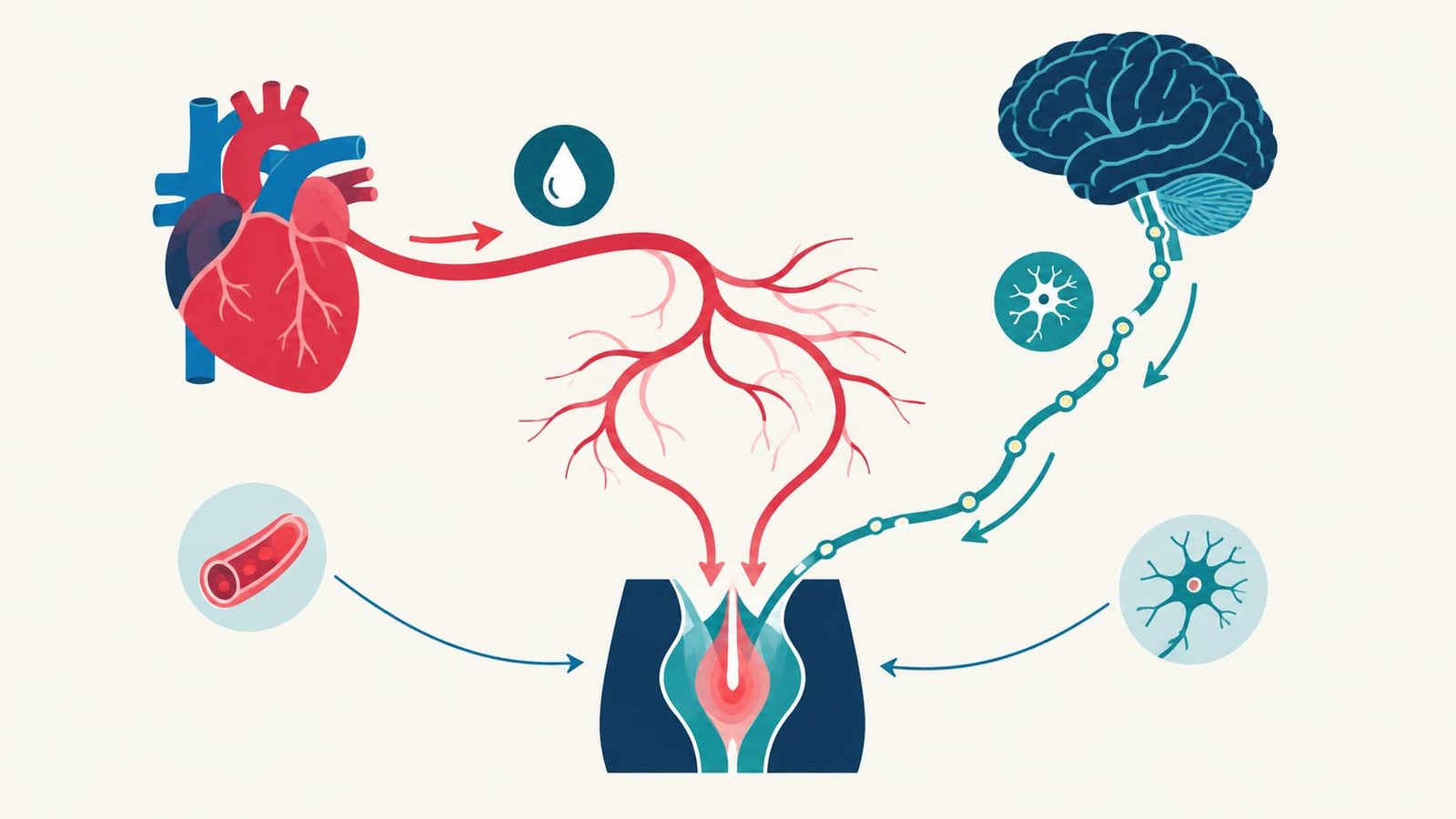 Simple diagram showing blood vessels and nerve signals that control erections
