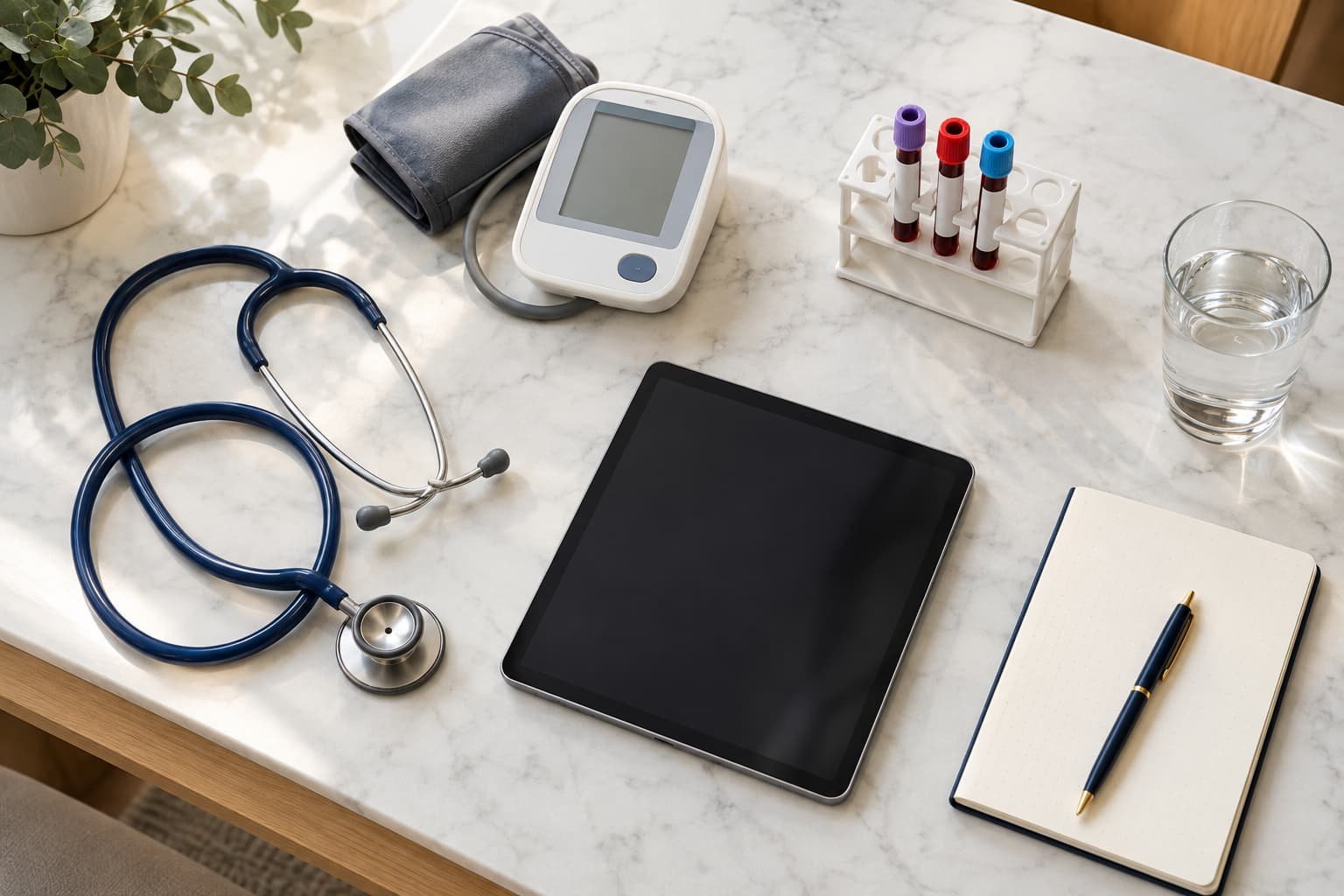 Stethoscope, blood pressure monitor and blood test tubes on a doctor's desk during an erectile dysfunction check
