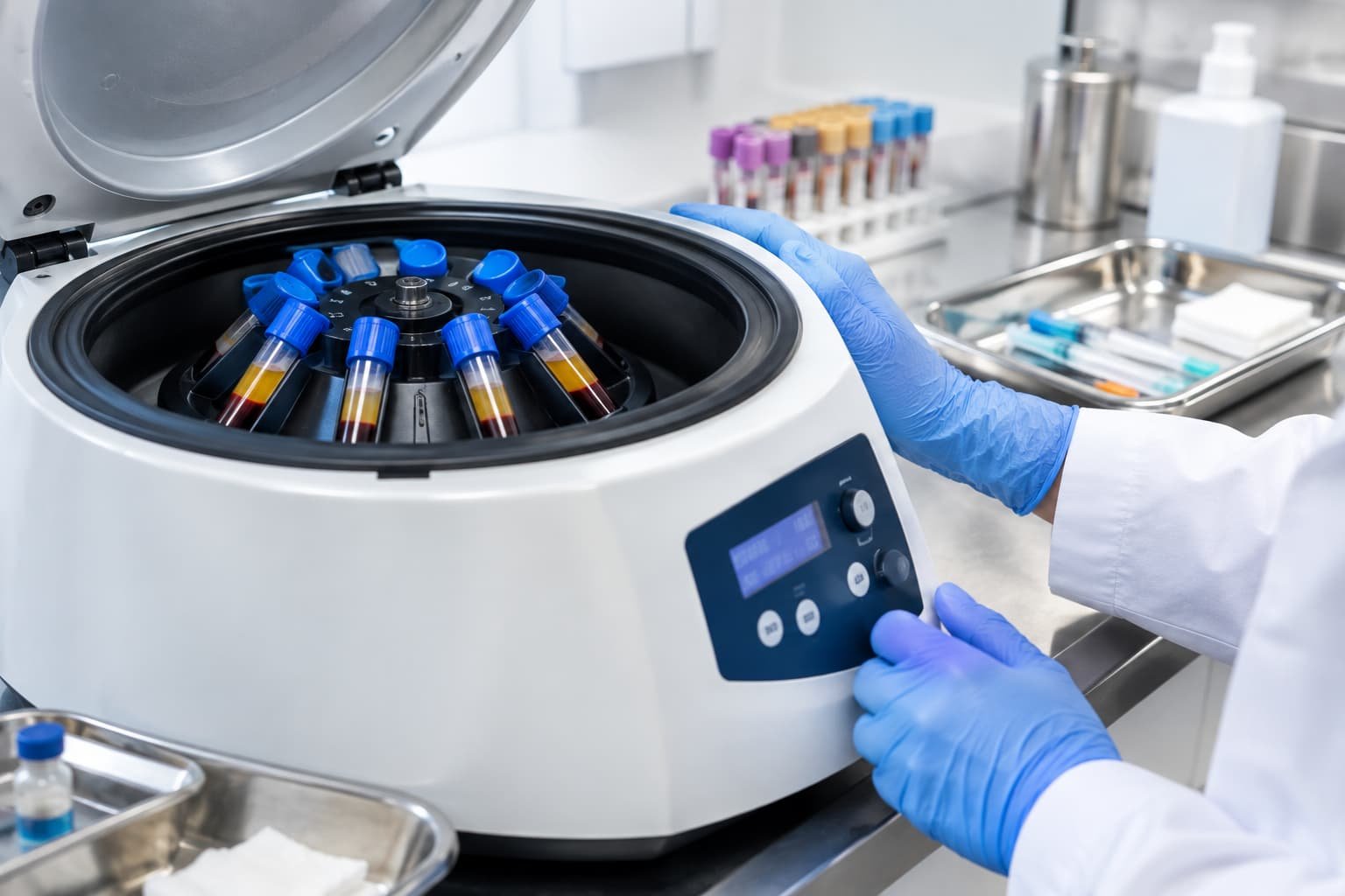 Centrifuge separating platelet-rich plasma during P-Shot preparation