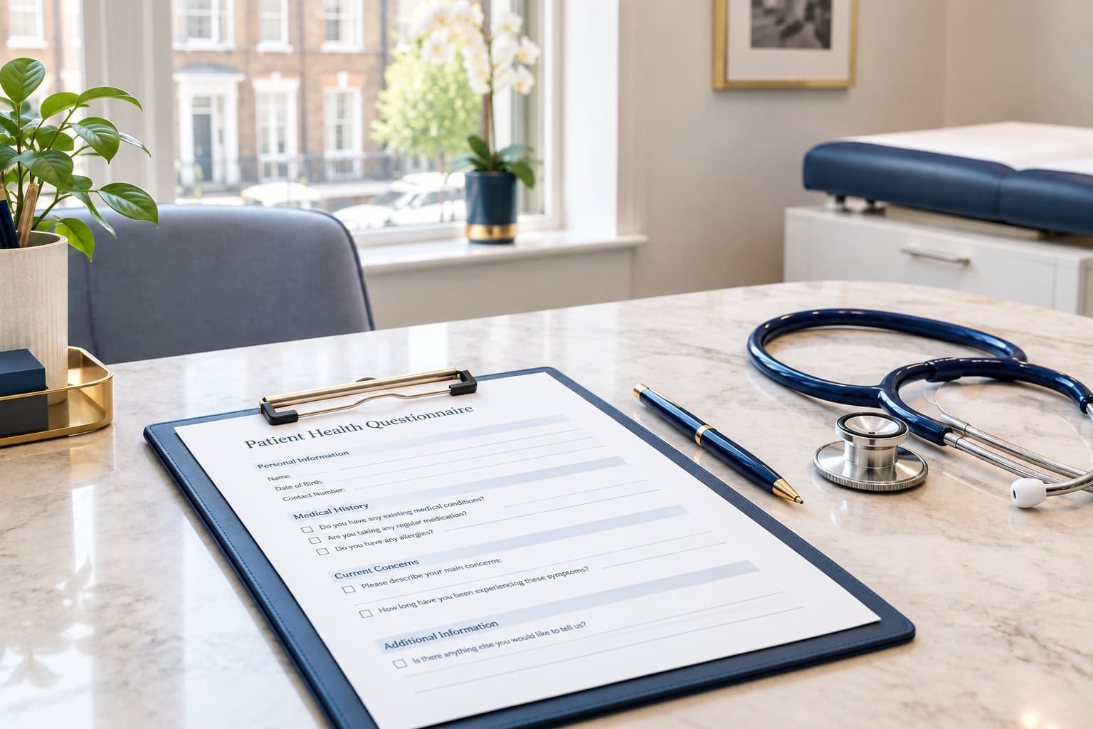 Clinician's desk with a questionnaire used to track treatment progress