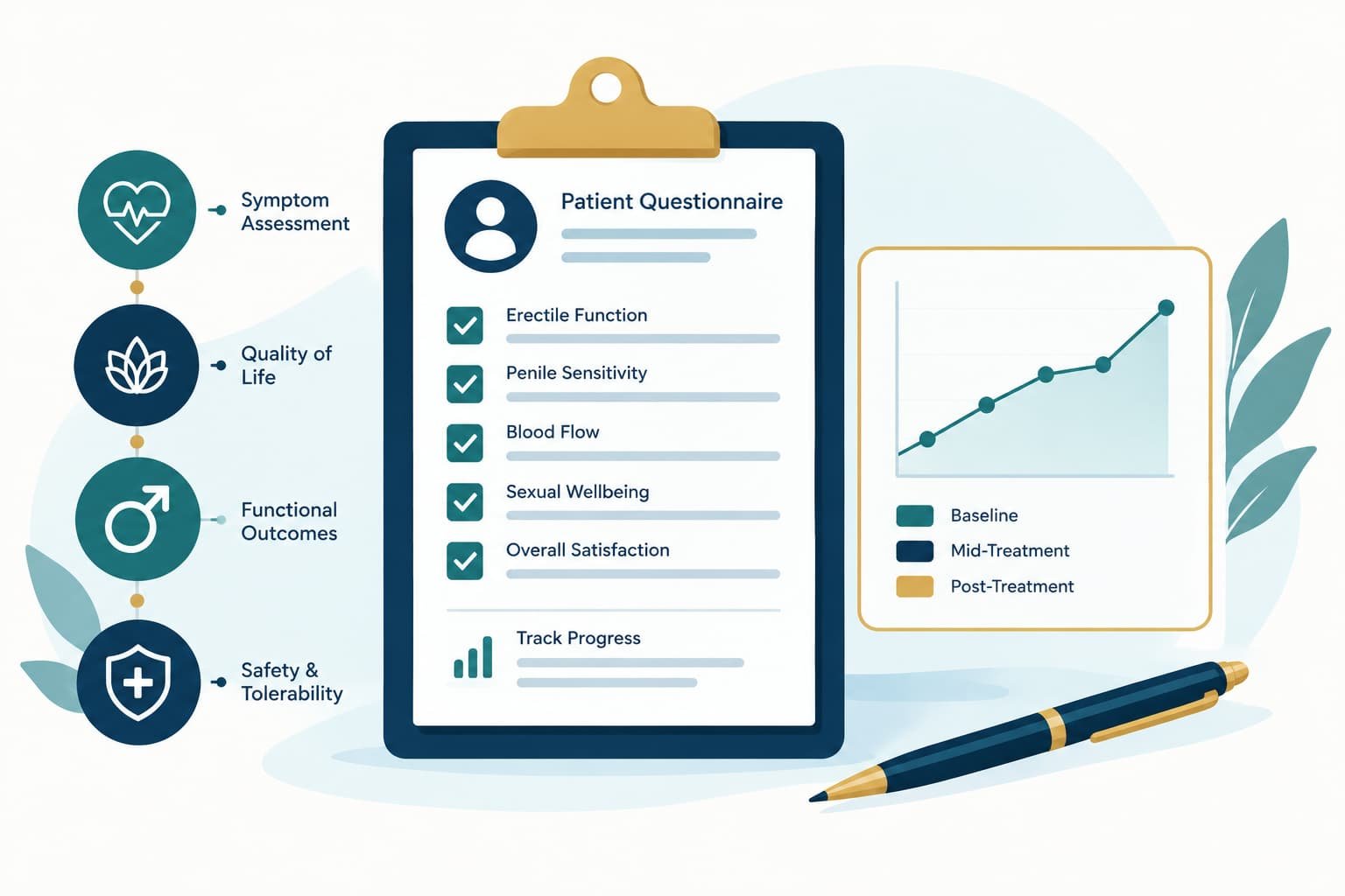 Clinical questionnaire and outcome graph illustrating how IIEF scores measure P-Shot success
