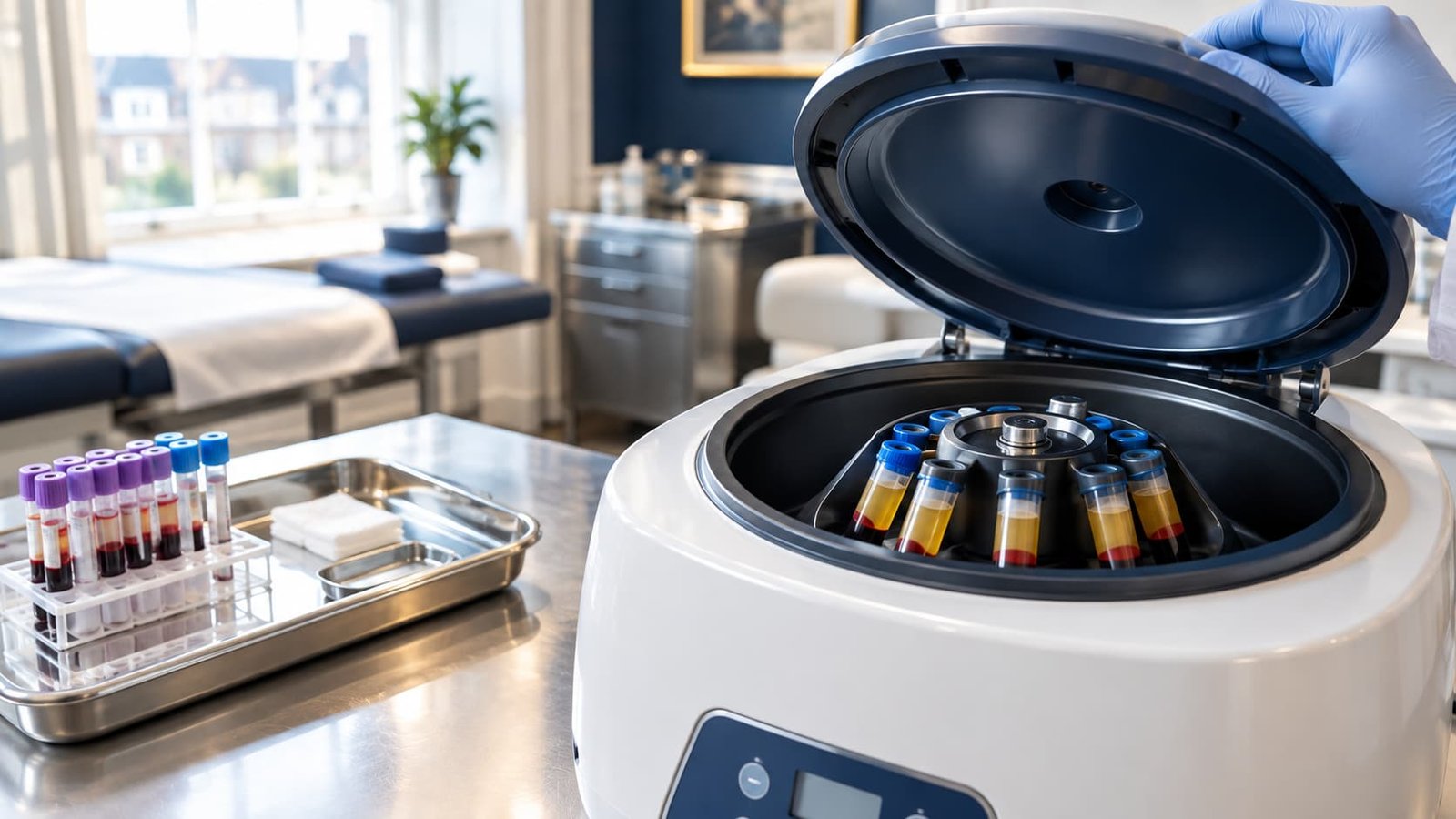 Centrifuge separating platelet-rich plasma during P-Shot preparation