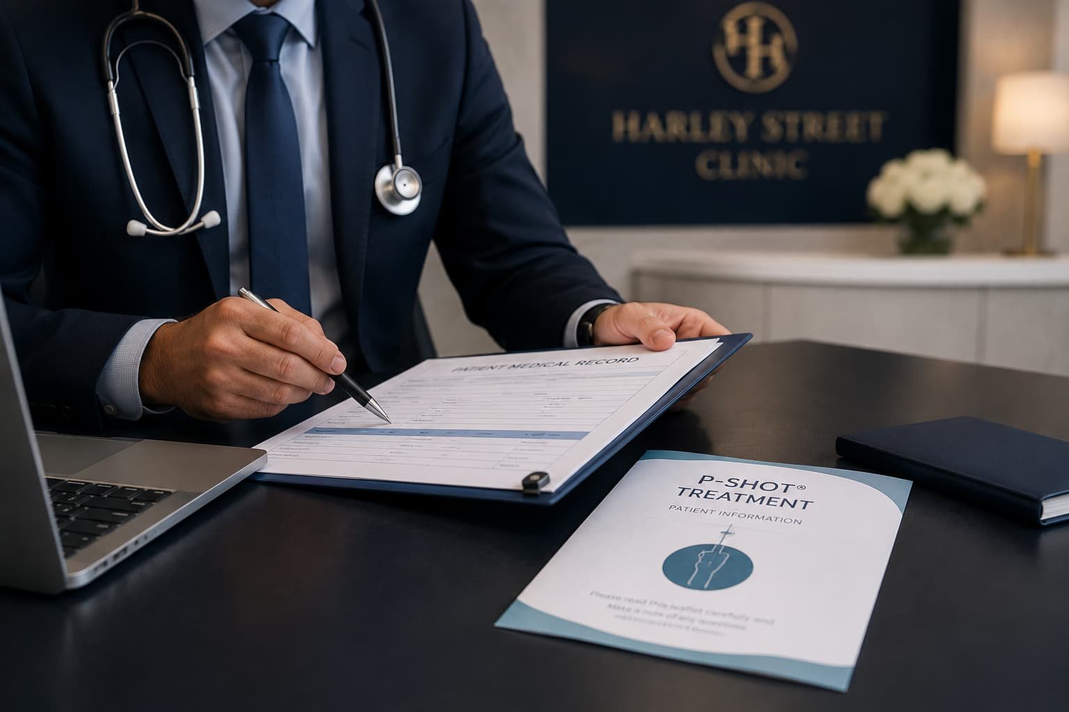 Doctor reviewing PRP-based ED treatment evidence at a London clinic