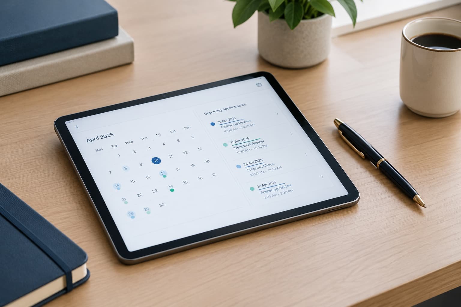 Clinic calendar tracking scheduled P Shot follow-up appointments