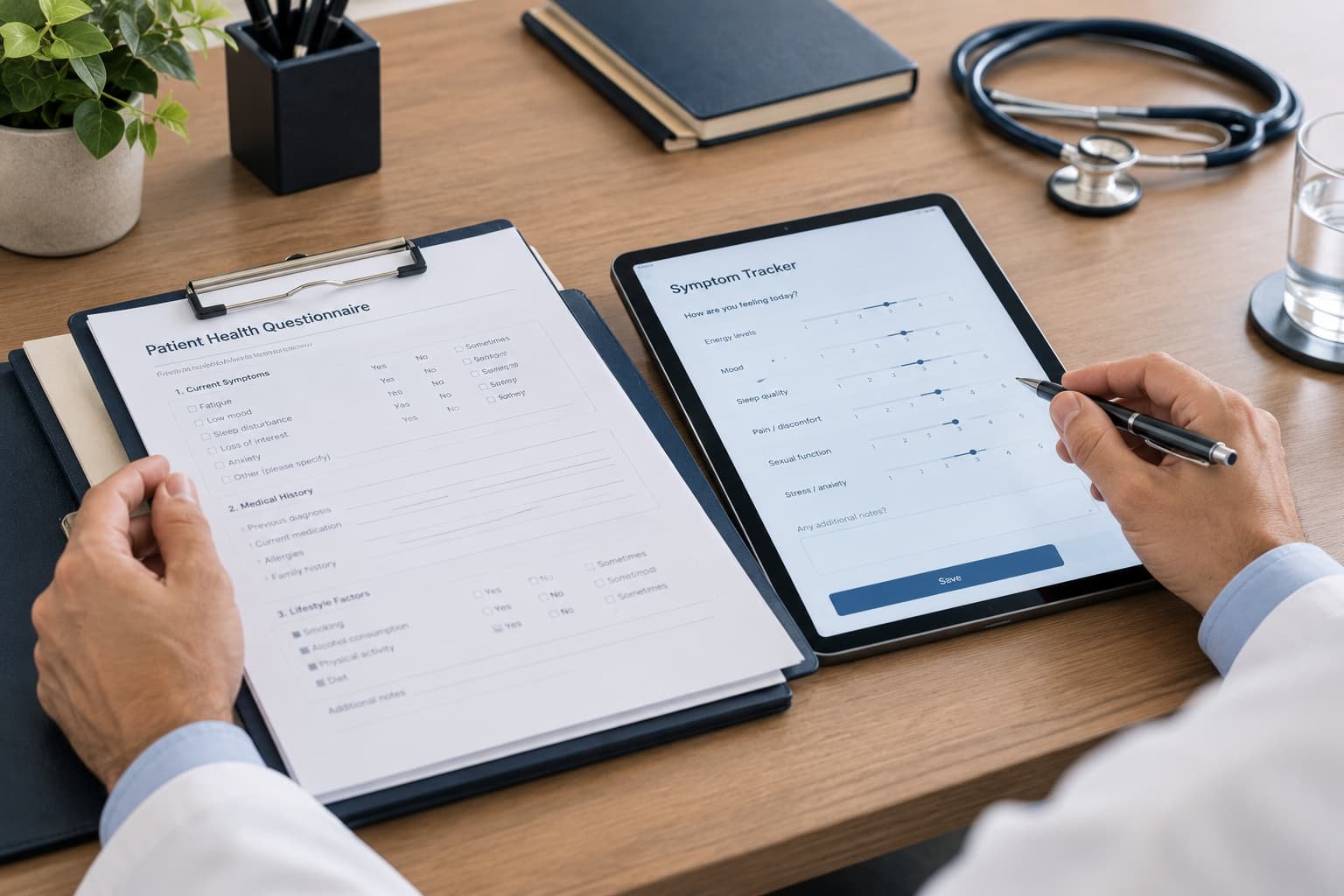 Clinician reviewing patient records for P shot before and after assessment