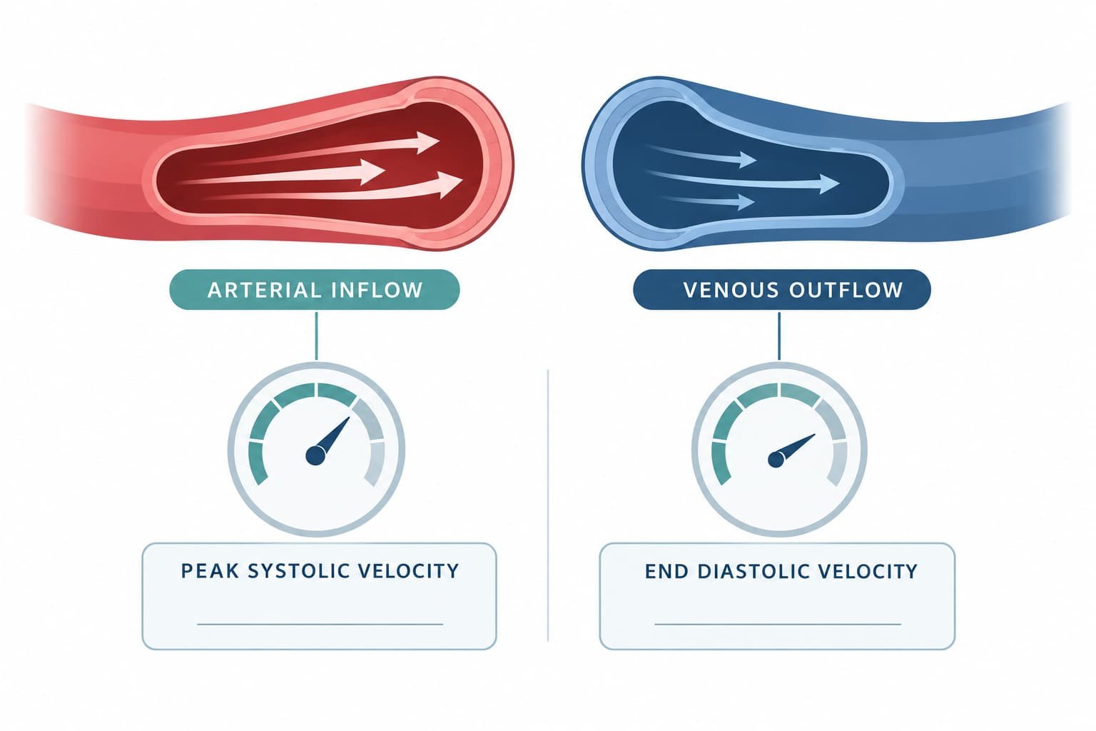 Diagram showing arterial inflow and venous outflow with peak systolic and end diastolic velocity gauges
