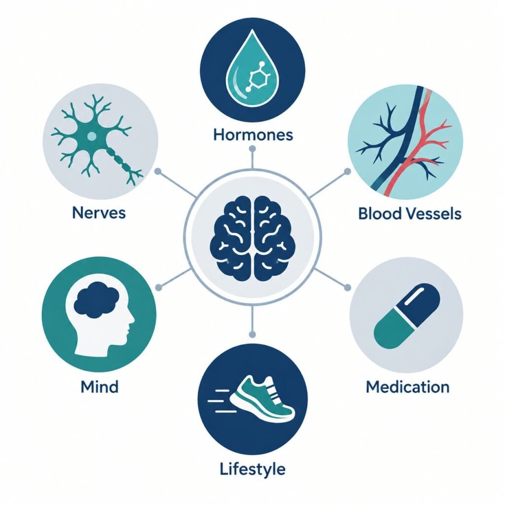 Infographic showing six common causes of orgasm changes: hormones, blood vessels, nerves, medicines, mind and lifestyle