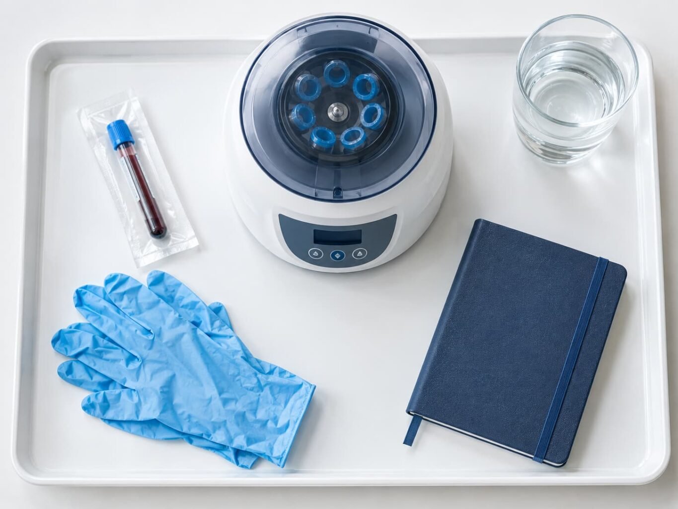 Sterile clinic tray with blood tube and centrifuge used to prepare platelet-rich plasma