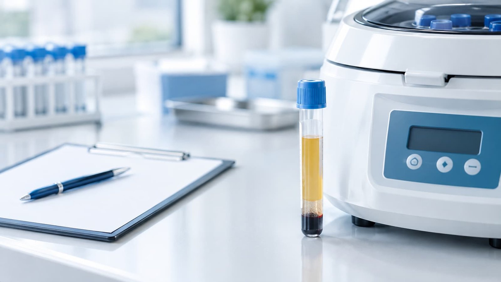 PRP tube and centrifuge on a clinical bench representing research into PRP therapy for sexual function
