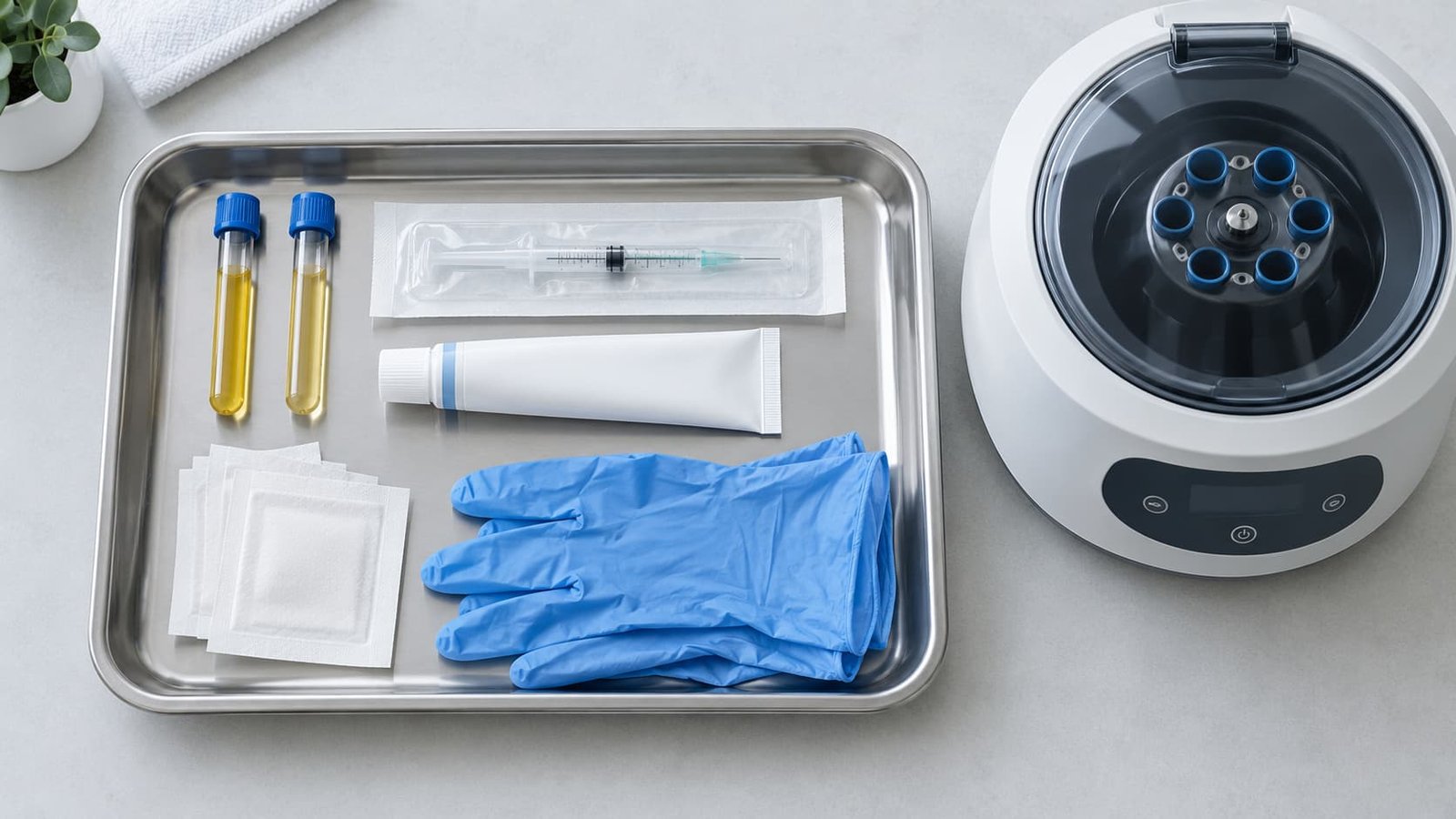 Sterile tray with PRP tubes, centrifuge, fine needle and numbing cream prepared for a P shot procedure