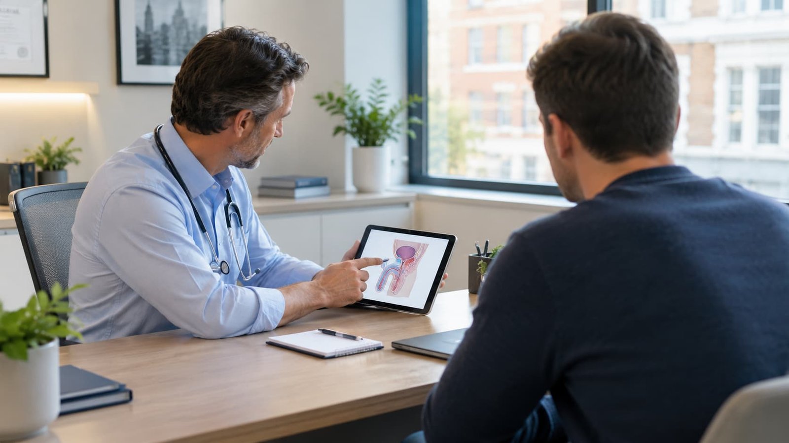 Doctor discussing treatment options and consent with a male patient during a private clinic consultation