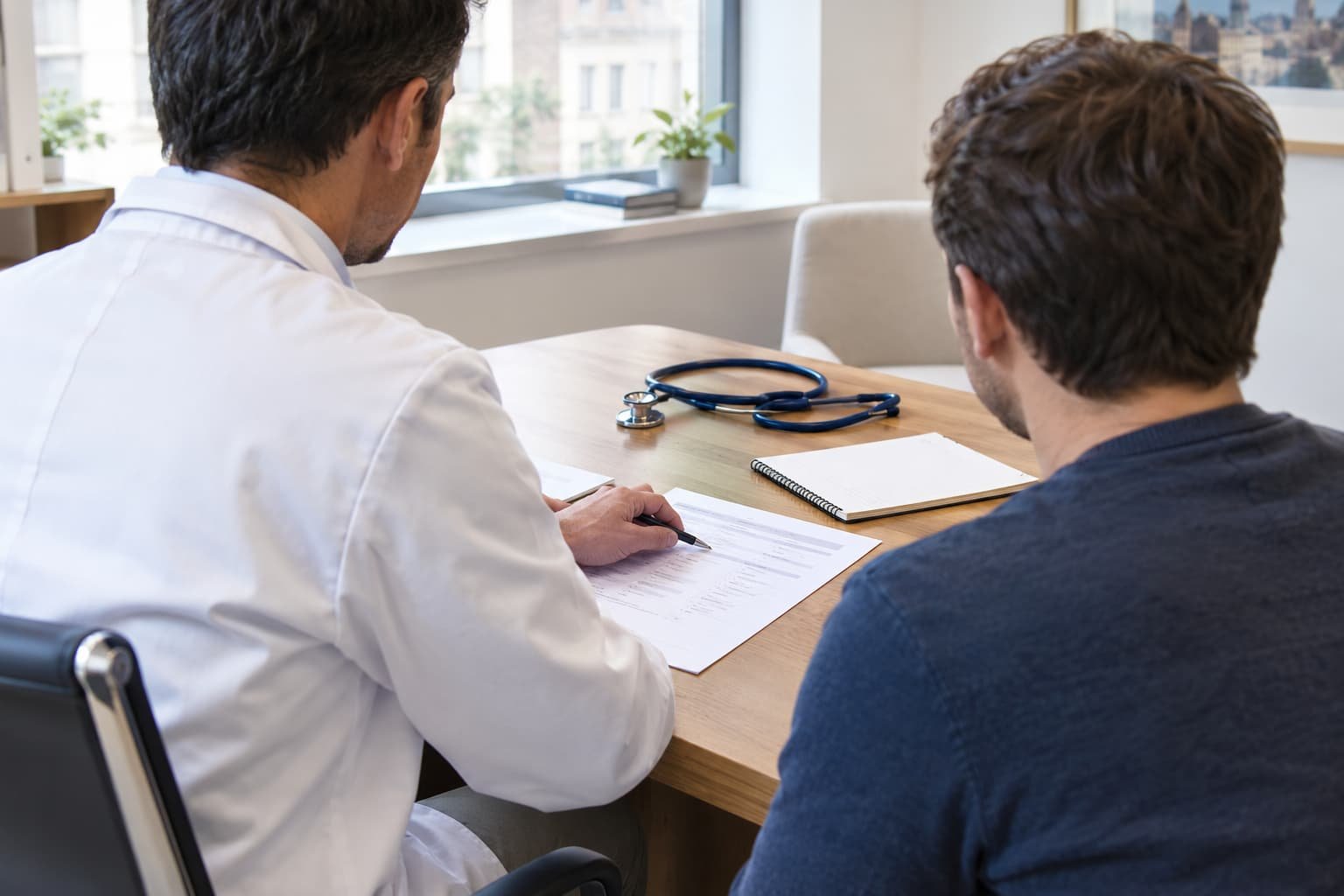 Doctor and patient discussing treatment options and an erectile function questionnaire during a private consultation