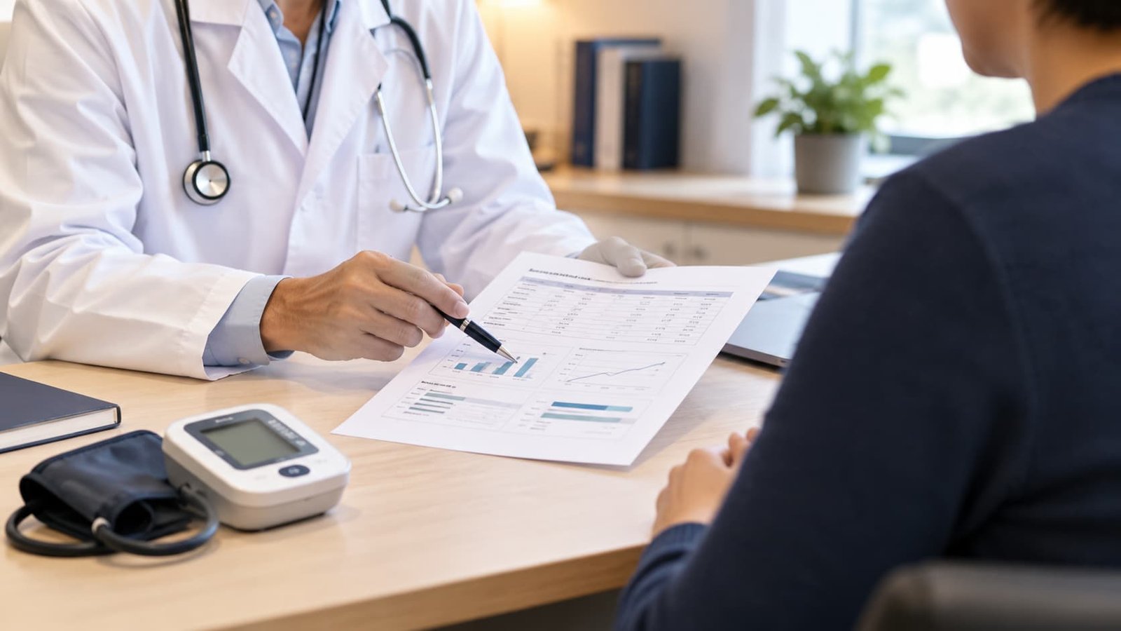 Doctor reviewing blood test and blood pressure results with a patient during a private consultation