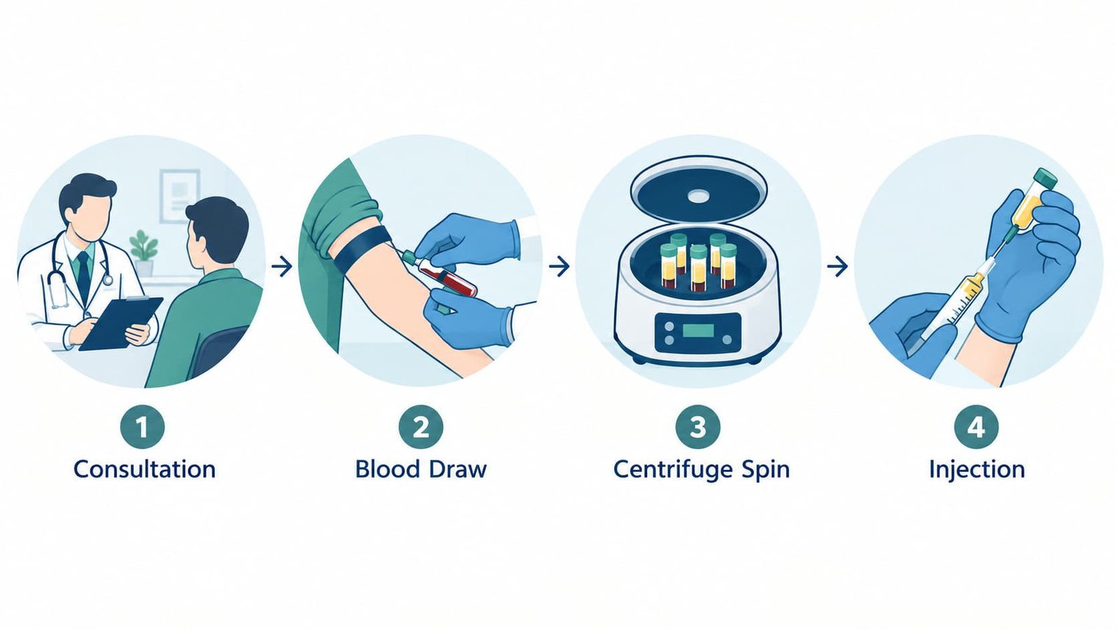 Four-step diagram of a P shot appointment from consultation to injection